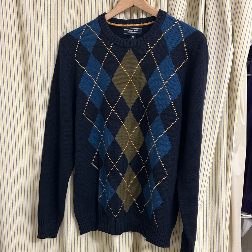 Lands' End Men's Navy and Olive Argyle Crewneck Sweater